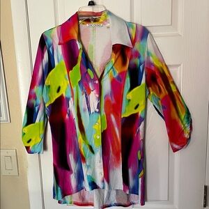 Snoskins button up tunic shirt multi color abstract tie-dye point collar Large